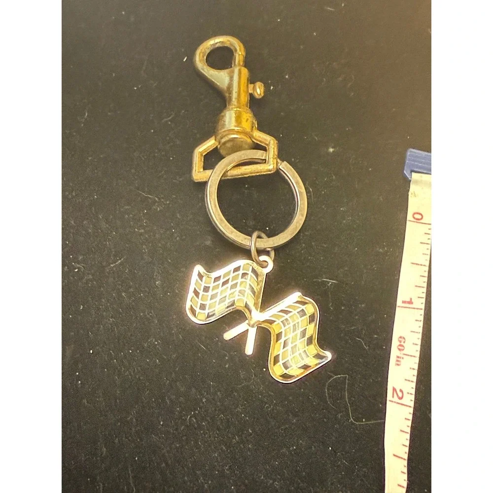 Vintage Focus Checkered Racing Flag‎ Keychain Mixed Metal Lobster Clasp Charm